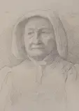 Portrait of a woman wearing a bonnet by Alphonse Legros, 1899, pencil, sold Jul 2023