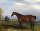 Portrait of a bay horse in a landscape by John E. Ferneley Jnr, Oil on canvas relined, offered Jun 2023