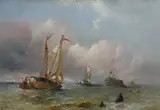 Hay barges off the coastoil on canvassigned and dated by Clifford Montague, 1894, Oil on canvas relined, sold Jun 2023