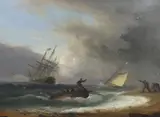 Shipping in distress along the shorelineoil on wooden panelsigned by Thomas Luny, 1820, oil on wood, sold Jun 2023