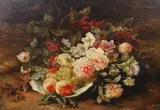 Still life of flowers and fruit on a table topoil on by André Benoît Perrachon, oil on wood, sold Jun 2023