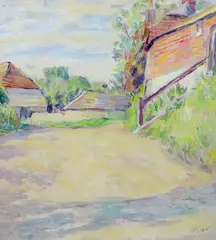 Firle Village 1965 by Duncan Grant, oil on board, sold Jun 2023