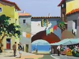 Mediterranean flower market by Cecil Rochfort D'Oyly-John, oil on board, sold Jun 2023