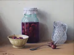 Still life of cherries in a jar and bowl beside a glass by Robert Chailloux, oil on board, sold Jun 2023