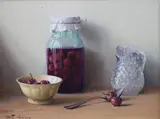 Still life of cherries in a jar and bowl beside a glass by Robert Chailloux, oil on board, sold Jun 2023