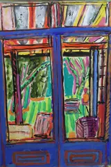 Garden viewed through French doorswatercolour and by George Hooper, oil, sold Jun 2023