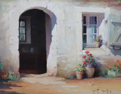 Cottage doorway by Robert Chailloux, oil on board, sold Jun 2023