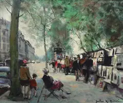 French street scene with picture sellersoil on by Jules Rene Herve, oil on canvas, sold Jun 2023
