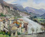 Entrevaux Balmes Alpes Aout 1954 by George Charles Robin, oil on canvas, sold Jun 2023