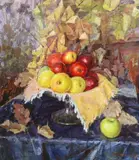 Still life of apples in a bowl upon a by Mikhail Alexandrovich Shaposhnikov, oil on card, sold Jun 2023
