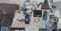 Blue still life by Anthony Whishaw, oil on board, sold Jun 2023