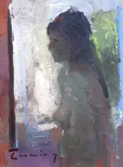 Small nude by Frederick Cuming, 1992, oil on board, sold Jun 2023