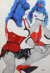 Punk girl in red dress by Jo Brocklehurst, mixed media on paper, sold Jun 2023