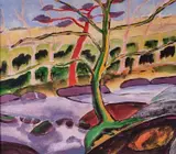 Stream and Trees by Maureen Kennedy, 2010, Acrylic on canvas, titled, signed and dated, sold Aug 2023