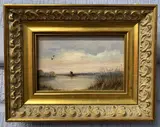 Duck over Reedham Marsh, Norfolk by James J. Allen, oil on board, sold Aug 2023