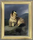 Terrier at rest on a a rocky landscape by Catherine Augusta Rolfe, 1877, oil on board, sold Aug 2023