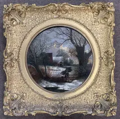 Travelling Figure in a winter landscape by Robert Burrows, oil on board, sold Aug 2023