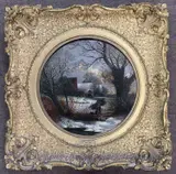 Travelling Figure in a winter landscape by Robert Burrows, oil on board, sold Aug 2023