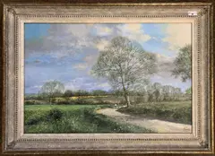Spring landscape by Clive Madgwick, oil on canvas, offered Aug 2023