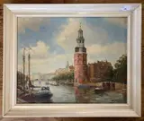Montelbann Tower, Amsterdam by Willem Johannes Burksen, oil on canvas, offered Aug 2023