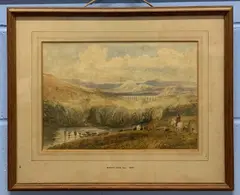 Cattle being led across a ravine with mountainous ranges on the by David Cox Snr., watercolour, sold Aug 2023