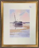 Beached boats on the shoreline by Kenneth Tidd, watercolour, sold Aug 2023