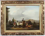 A scene at the entrance to a country house with a mounted by Jozef Jodocus Moerenhout, oil on panel, offered Aug 2025
