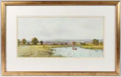 Downland river view with fisherman by George Oyston, 1925, watercolour, offered Aug 2025