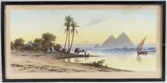 Egyptian river scene with pyramids beyond by Edwin Lord Weeks, watercolour, offered Aug 2025
