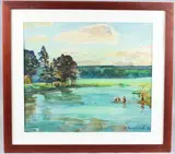 Summer Fun, view of swimmers in a lake by Nickolay Eltyshev, watercolour, offered Aug 2025