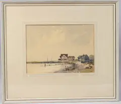 Buildings on waters edge by Ronald Crampton, watercolour, offered Aug 2025