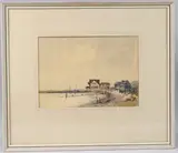 Buildings on waters edge by Ronald Crampton, watercolour, offered Aug 2025