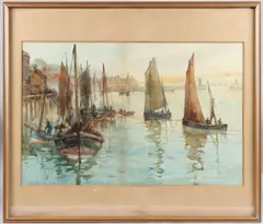 Fishing boats in harbour by Frank Rousse, 1900, watercolour, offered Aug 2025