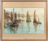 Fishing boats in harbour by Frank Rousse, 1900, watercolour, offered Aug 2025