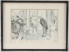 A bull at the door of a department store with fleeing customers by Frank Reynolds, ink, sold Aug 2025