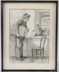 An artist with portfolio of drawings at a publishers office by Frank Reynolds, ink, sold Aug 2025