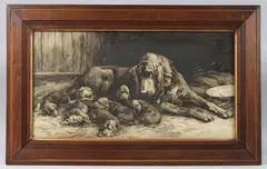 R.A., R.E. (1862-1942) Bloohound and litter of seven pups, Drypoint, by Herbert Dicksee, Drypoint, signed with initials HD on the plate, sold Aug 2025