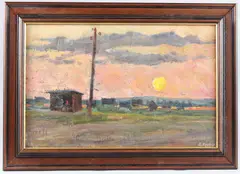 Sunset over fields by Haris Haidarov, oil on board, offered Jul 2025