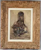 Figures in a doorway by Andre Petroff, oil on board, offered Jul 2025