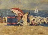Red Parasol, Rhos-on-Sea II by Keith Gardner, oil on board, sold Nov 2023