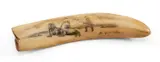 carved and stained with scene of Eskimo hunting two walrus, signed, 10cms by Scrimshaw Walrus Tooth, print (other), sold Nov 2023