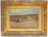 Waiting for the bus by Adriaan Hendrik Boshoff, oil on board, sold Feb 2023