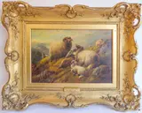 Sheep family on a hillock by Robert Watson, oil on canvas, sold Feb 2023