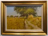 Harvest scene by John Haskins, oil on board, sold Jan 2023