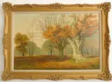 A beech wood in autumn by David Mead, oil on canvas board, sold Dec 2022