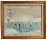 The Skaters, Corby by Nairne Tate, 1969, oil on board, sold Oct 2022