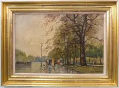 a gilt-framed oil on canvas, figures promenading down a rainy by John Horwood, oil on canvas, sold Oct 2022