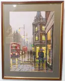 Busy wet London street scene by M-T, mixed media on paper, sold Oct 2022