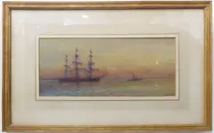 A three-masted barque being towed to shore by moonlight by Gregory Robinson, watercolour and gouache, sold Oct 2022