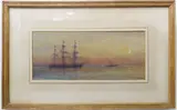 A three-masted barque being towed to shore by moonlight by Gregory Robinson, watercolour and gouache, sold Oct 2022